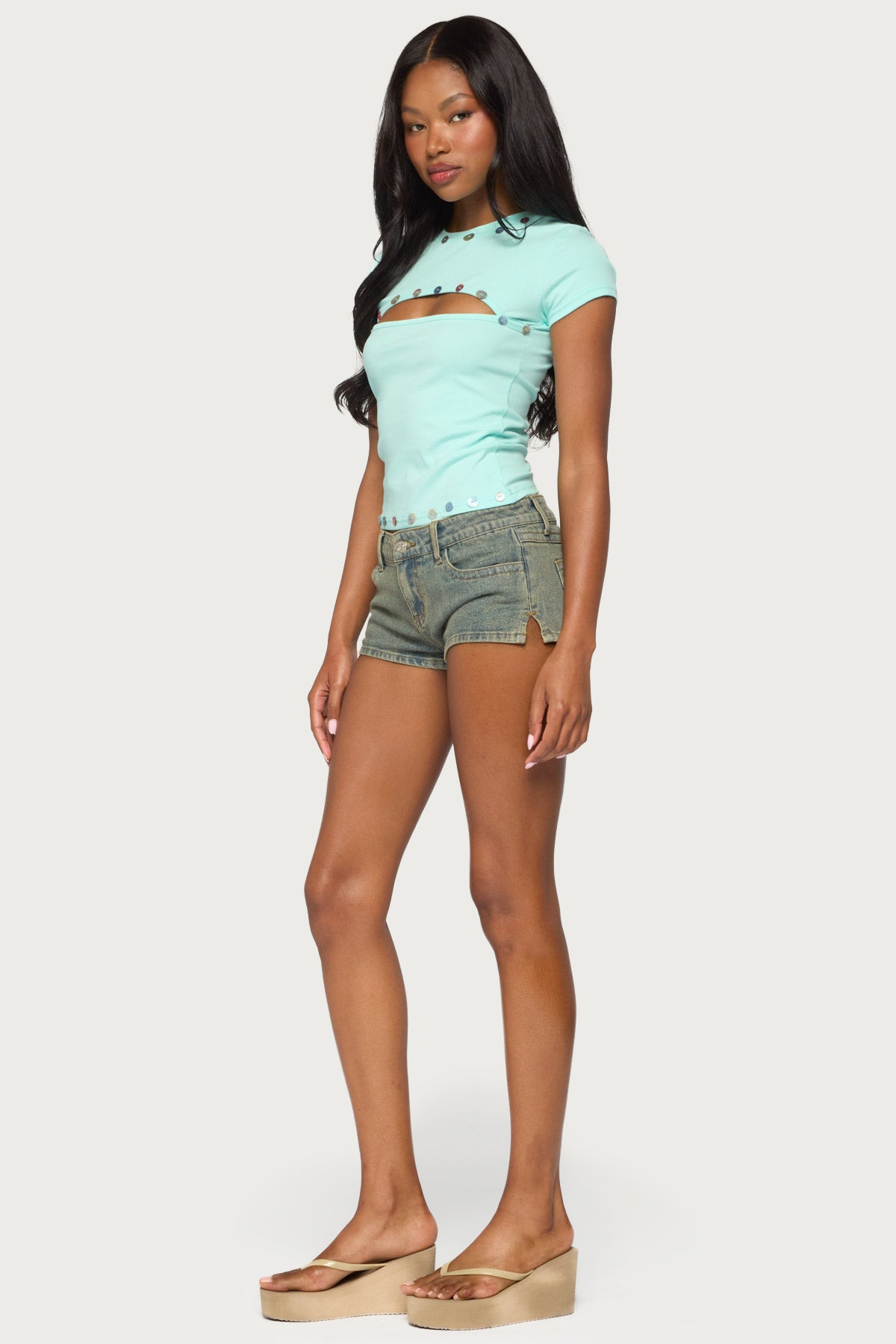 Suda Iridescent Button Cutout T Shirt - Image 4