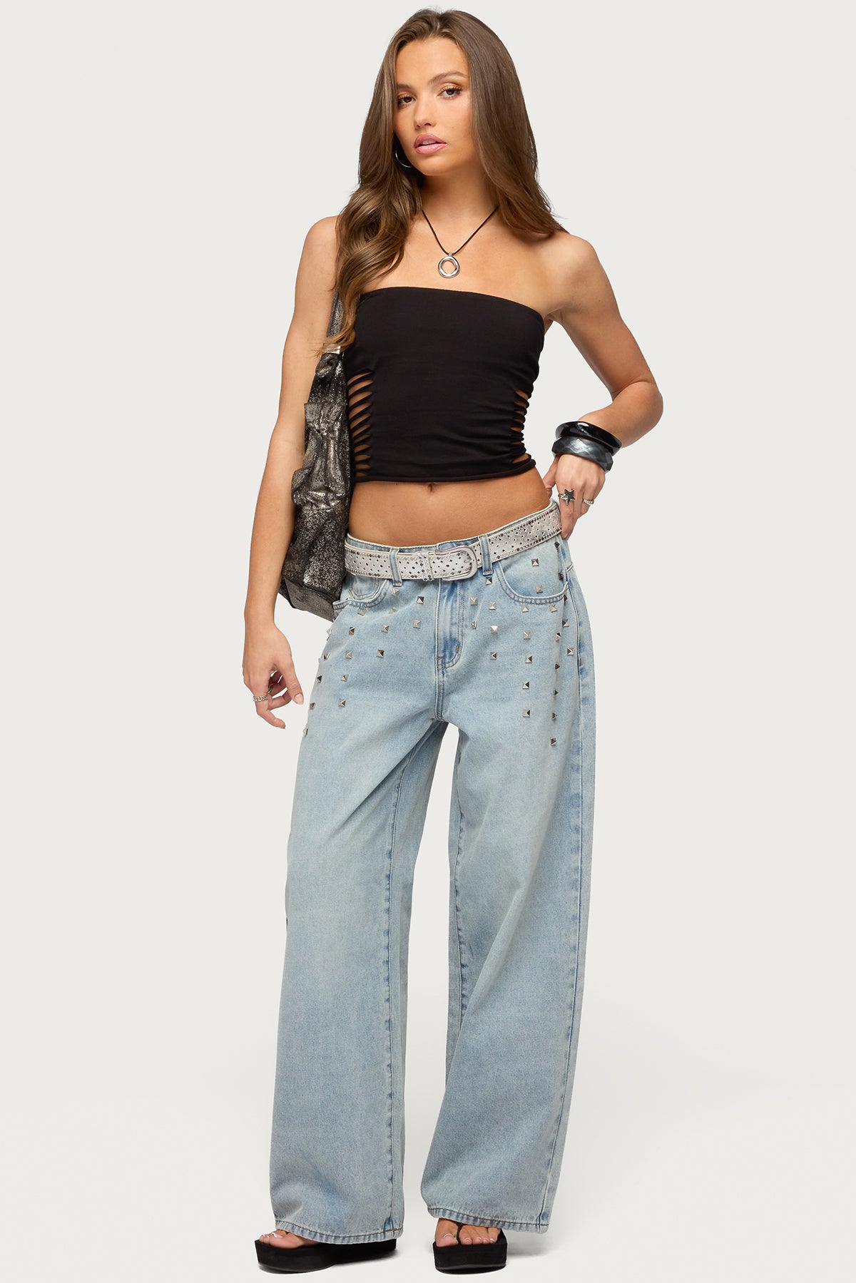 Oaklee Studded Low Rise Baggy Jeans