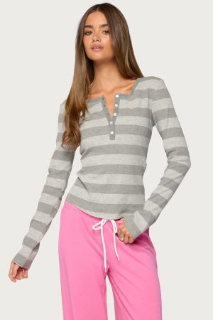 Dea Striped Long Sleeve Henley T Shirt