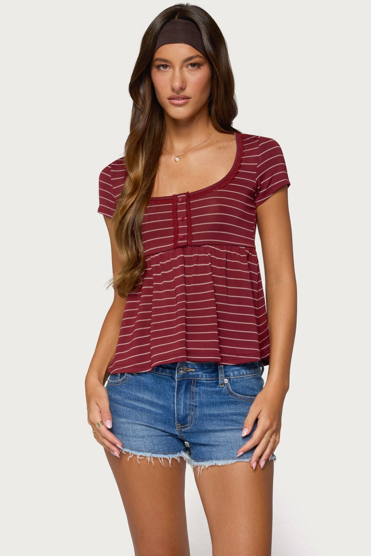 Jina Lacey Striped Babydoll Henley Top