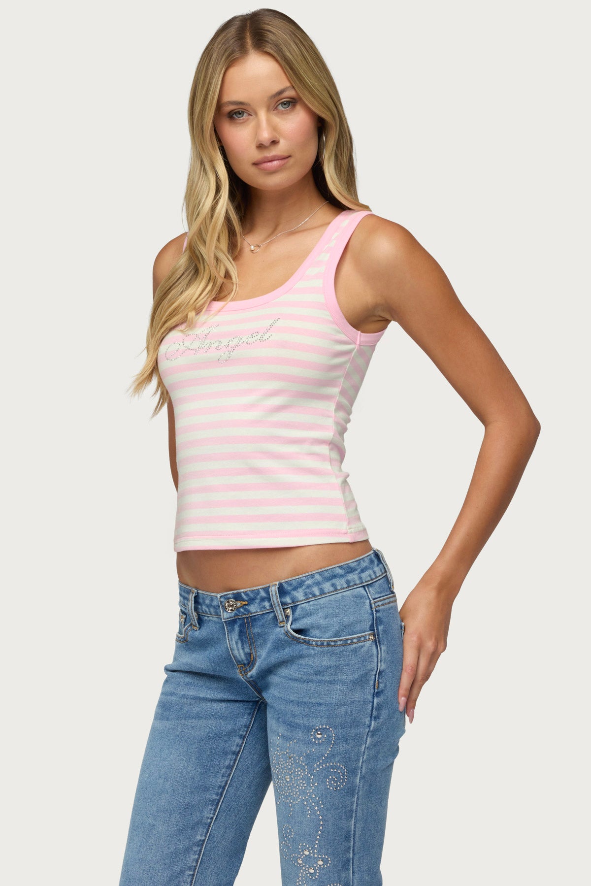 Angel Glow Rhinestone Striped Tank Top - Image 4